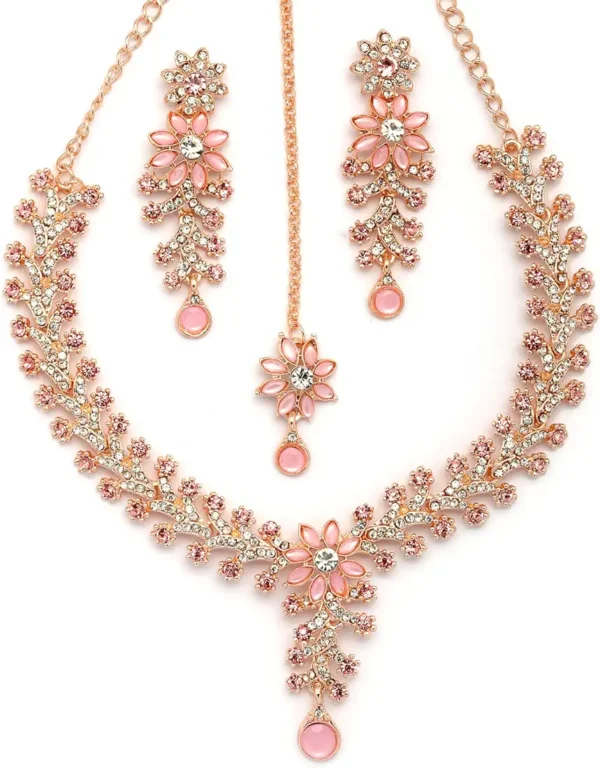 ukkhi Charming AD Diamonds Studded Floral Choker Necklace with Danlge Earrings Maangtikka Jewellery Set