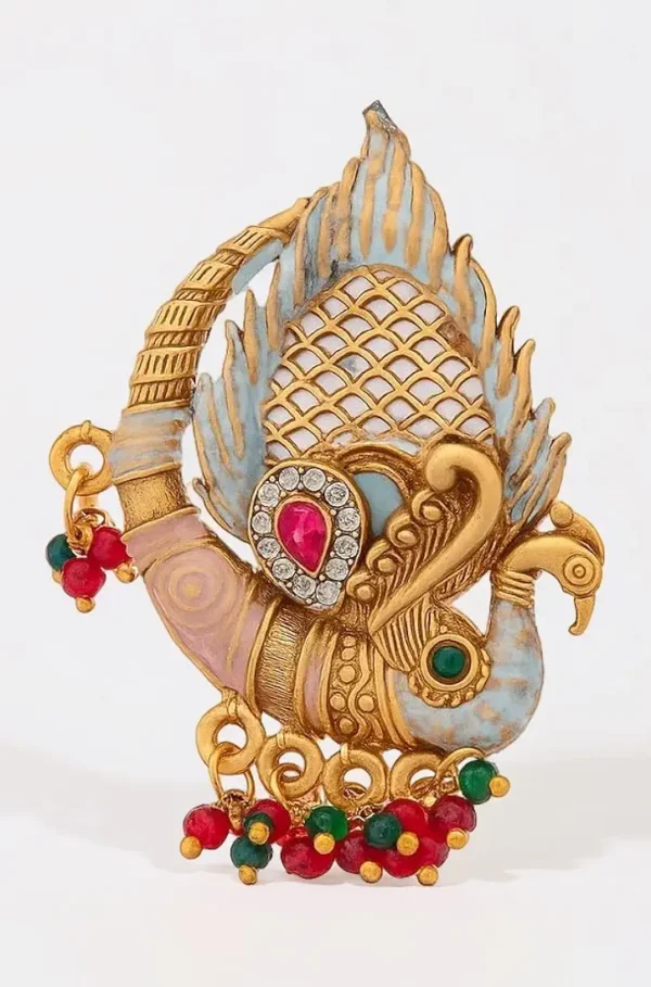 Traditional Gold Plated Swan Adjustable Ring with Meenakari and Beads